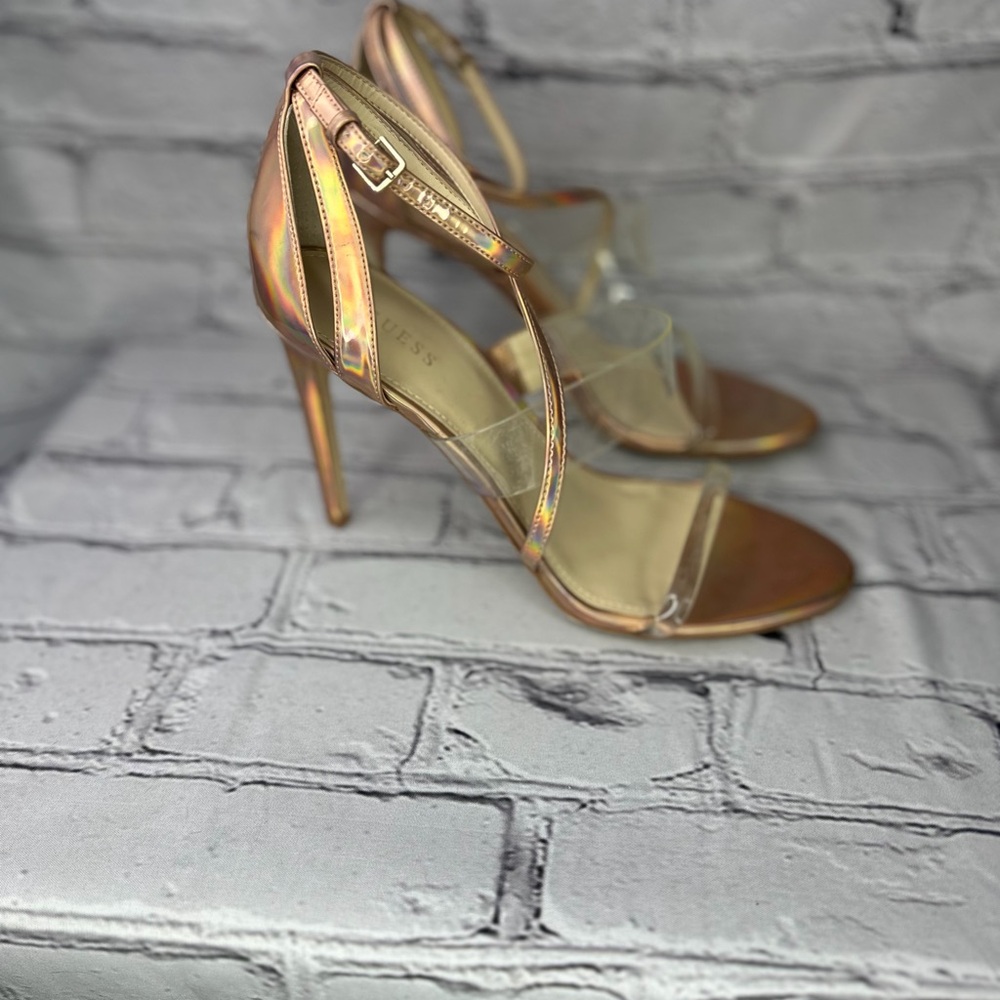 Guess Felicia Iridescent Rose Gold High Heel Sandals with Clear Straps